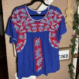 Layerz Clothing Royal Blue Peasant Top Red and White Floral Embroidery Large